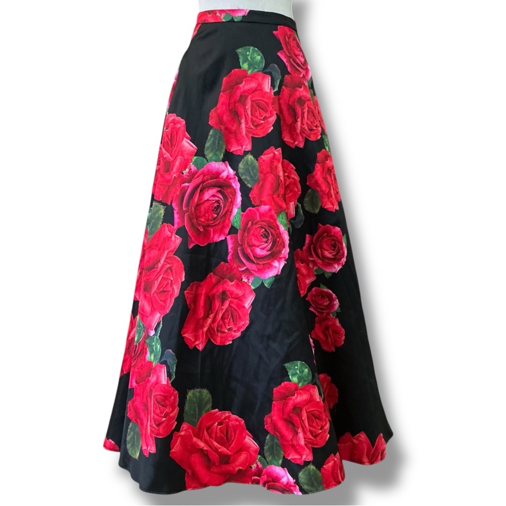 B. Darlin Red & Black Rose Print High Waist Floor Length Full Skirt